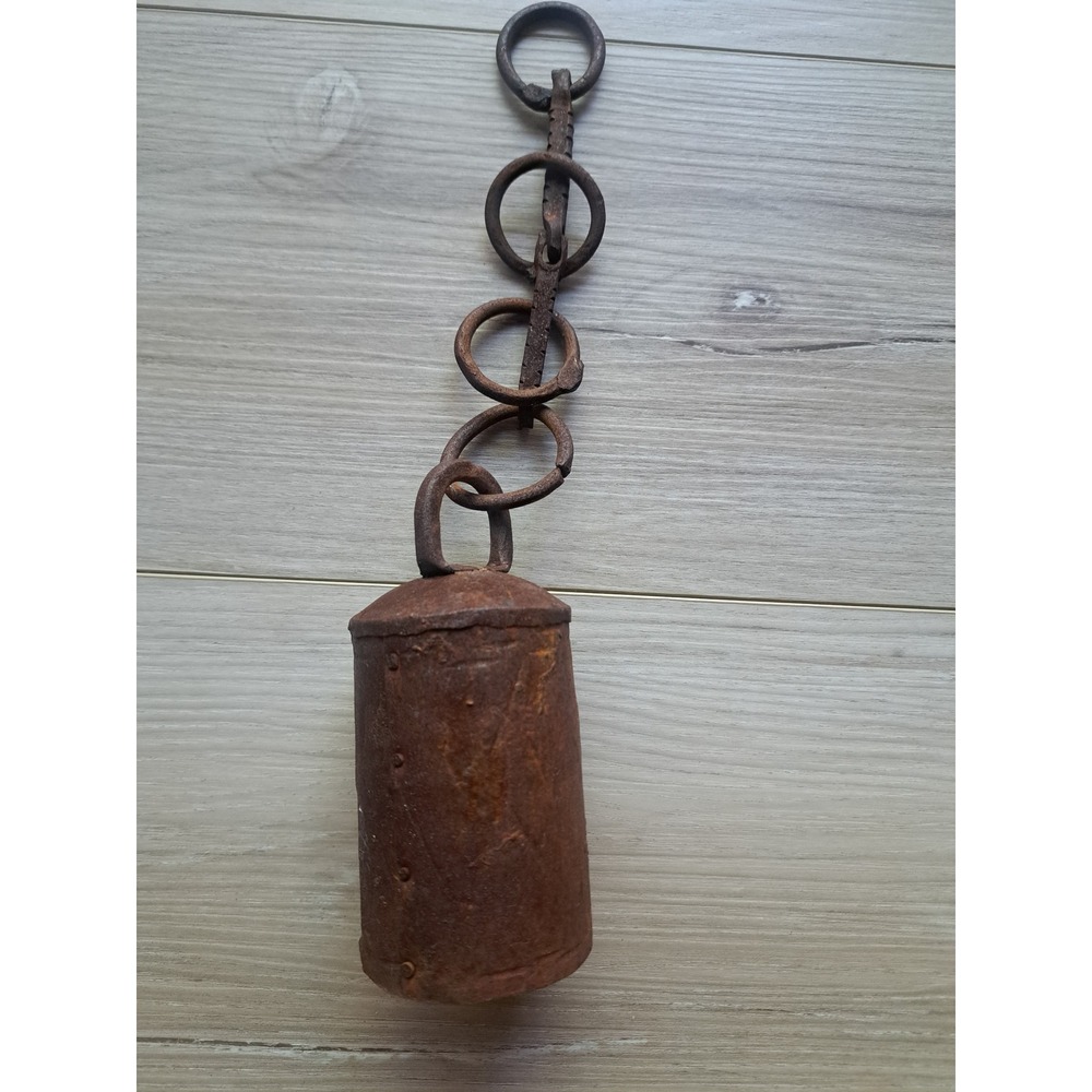 Antique Iron Cow Bell Primitive Hand Forged Rustic Farmhouse Decor with Chain
